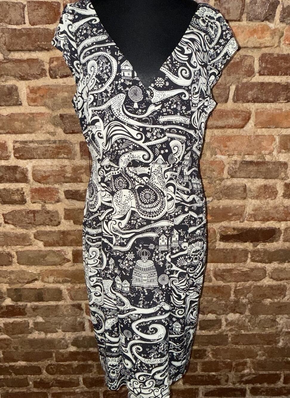 Moulinette Soeurs Anthropologie Swirling Villages Novelty Print Dress 8 pockets